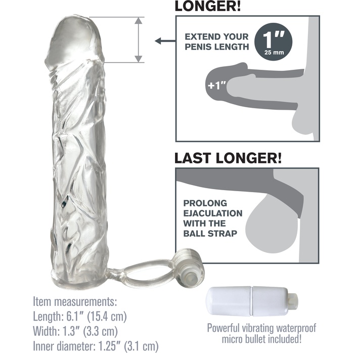 Удлиняющая насадка VIBRATING SUPER SLEEVE из прозрачного материала - 16 см - Fantasy X-tensions. Фотография 3.