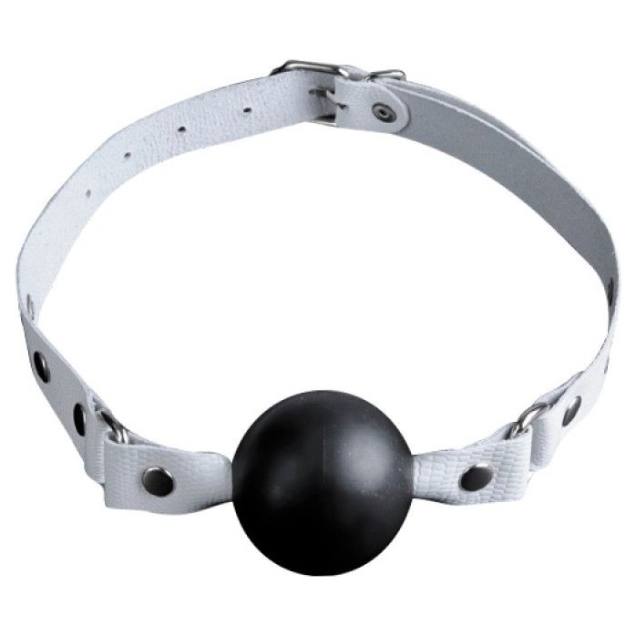 Черный кляп-шар на белых кожаных ремешках - BDSM accessories. Фотография 5.