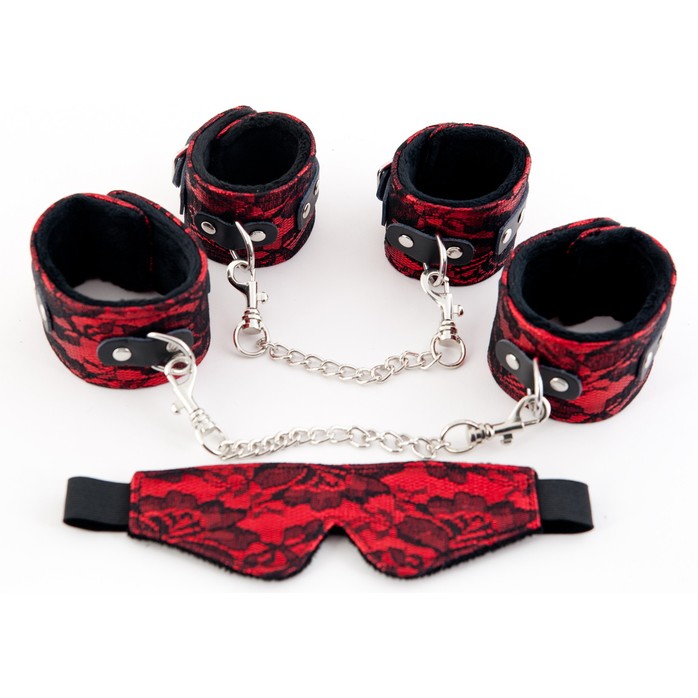 Кружевной набор красного цвета: наручники, оковы и маска - Marcus