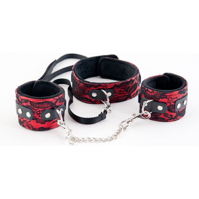 Кружевной набор красного цвета: ошейник и наручники - Marcus