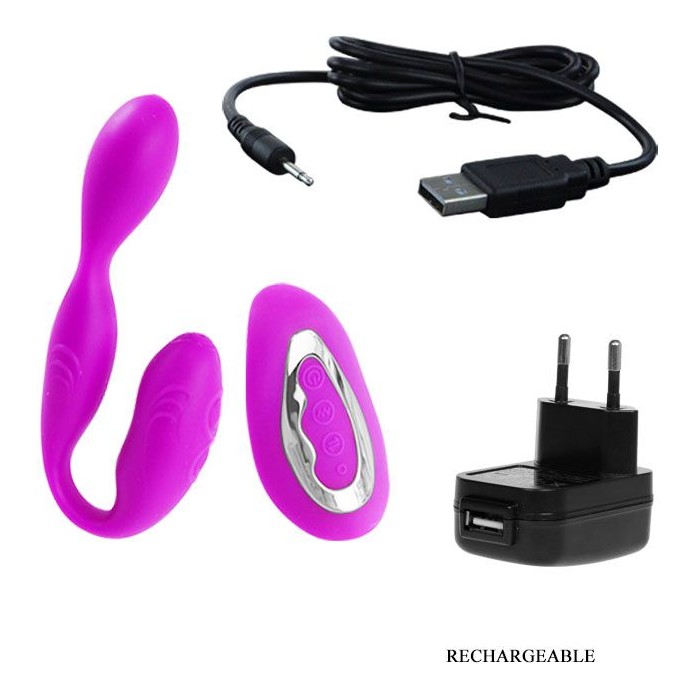 Фиолетовый вагинально-клиторальный вибромассажер с пультом ДУ - 13,5 см - Pretty Love. Фотография 4.