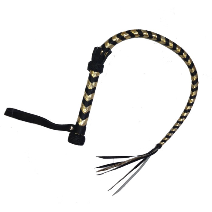 Чёрно-золотистая кожаная плетка с рукояткой - 90 см