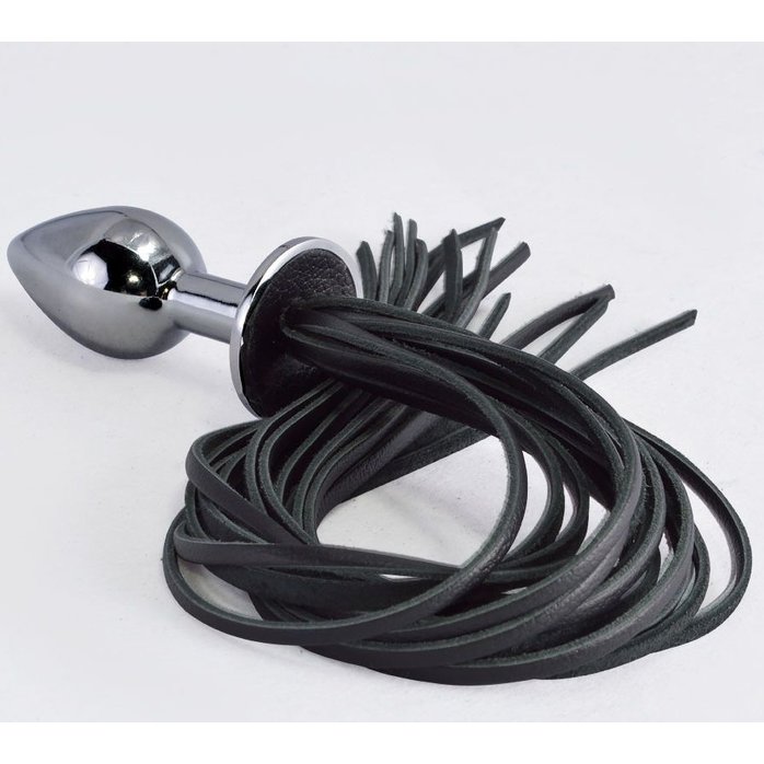 Серебристая анальная пробка с черной плетью - BDSM accessories