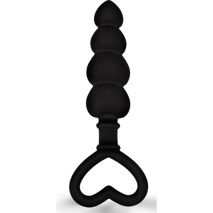 Черная рельефная анальная цепочка с ручкой-сердечком - 15 см