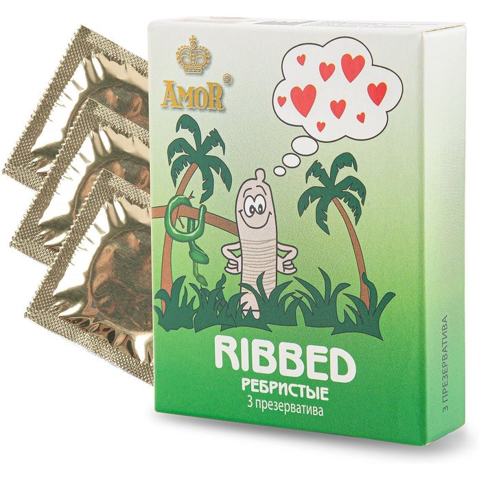 Ребристые презервативы AMOR Ribbed Яркая линия - 3 шт