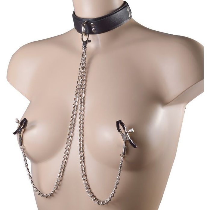 Черный ошейник с металлическими зажимами на соски и поводком - BDSM accessories