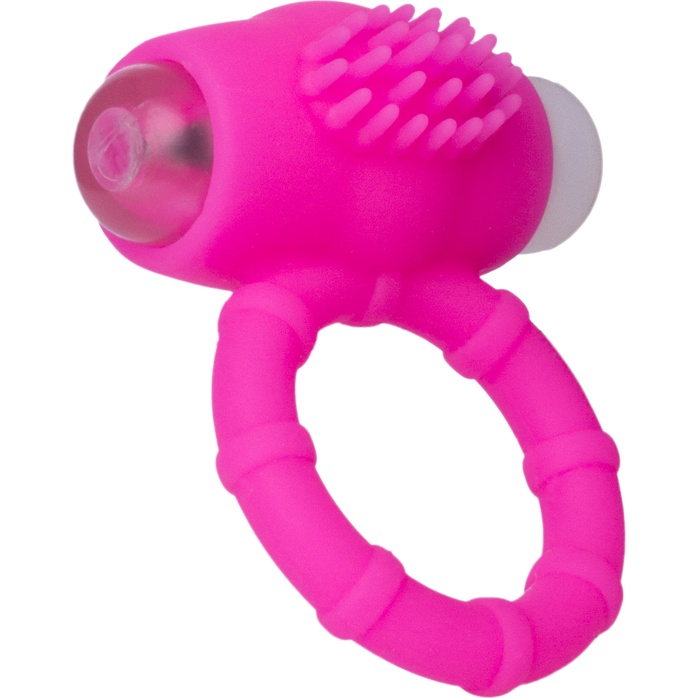 Розовое рельефное эрекционное виброкольцо на пенис. Фотография 3.