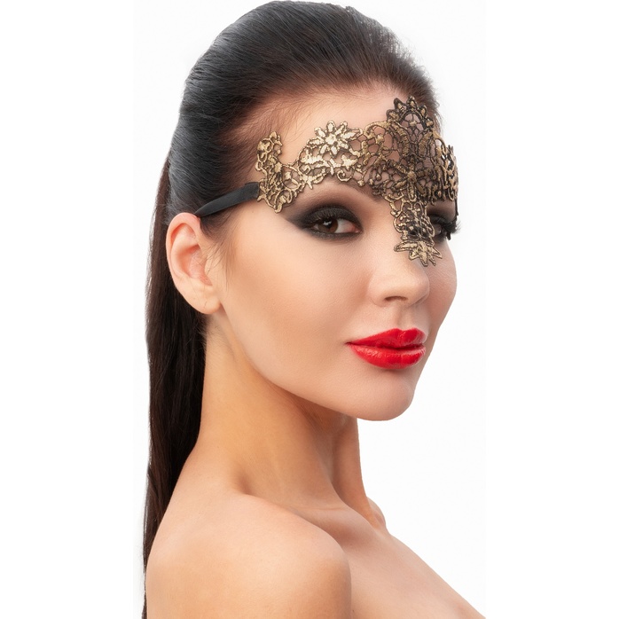 Стильная золотистая женская карнавальная маска - 963-ХХ - Карнавальные маски. Фотография 2.