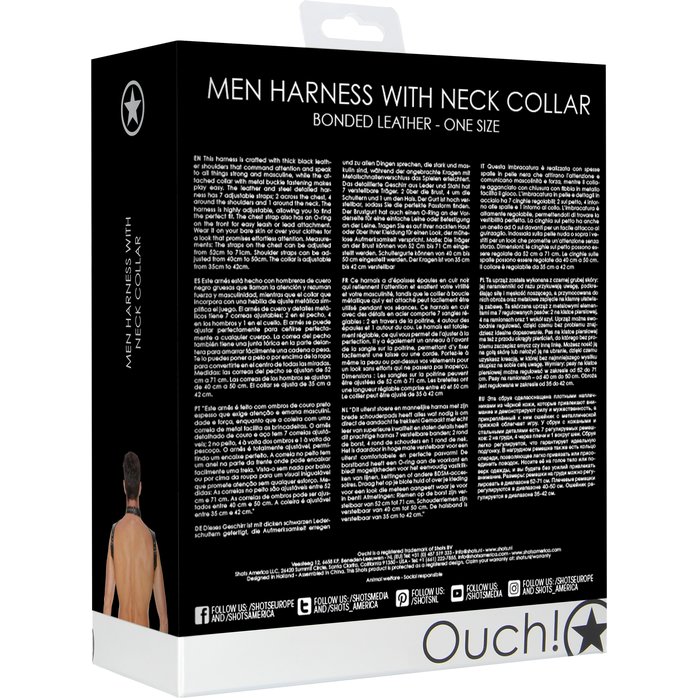 Черная мужская портупея Men Harness With Neck Collar - Ouch!. Фотография 6.