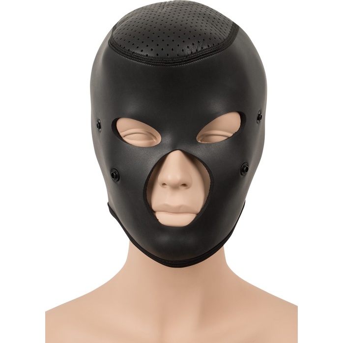 Черная маска-шлем с перфорацией - Fetish Collection. Фотография 4.