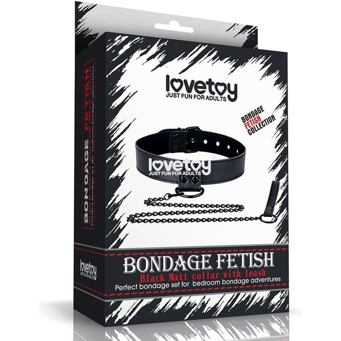 Черный ошейник Bondage Fetish Black Matt Collar With Leash с цепочкой-поводком. Фотография 4.