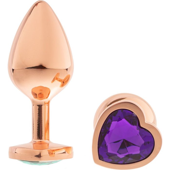 Золотистая анальная пробка OYO с фиолетовым кристаллом-сердцем - 7,3 см