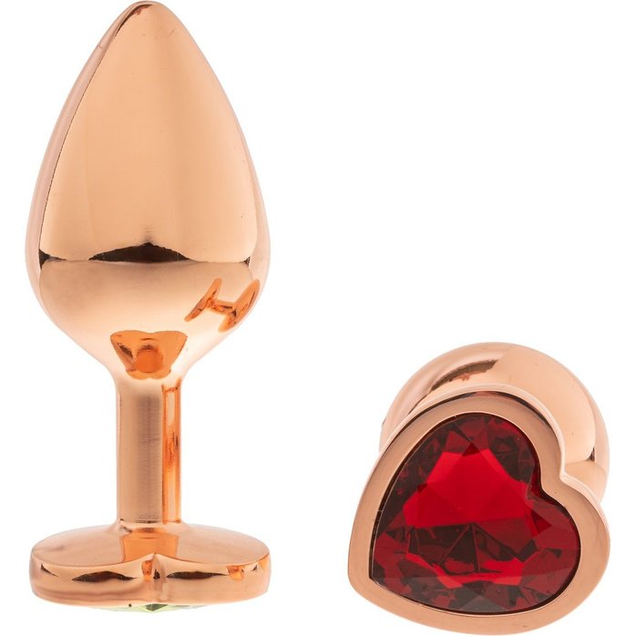 Золотистая анальная пробка OYO с красным кристаллом-сердцем - 7,3 см