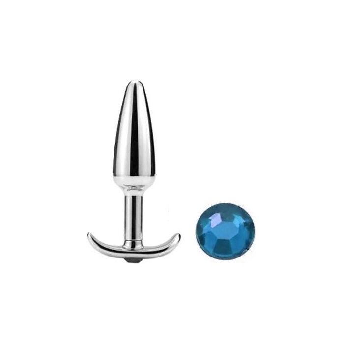 Металлическая анальная пробка-конус с голубым кристаллом - 9 см