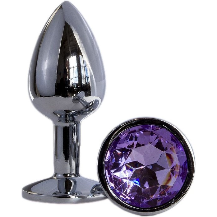 Металлическая анальная втулка с сиреневым кристаллом - 7,2 см