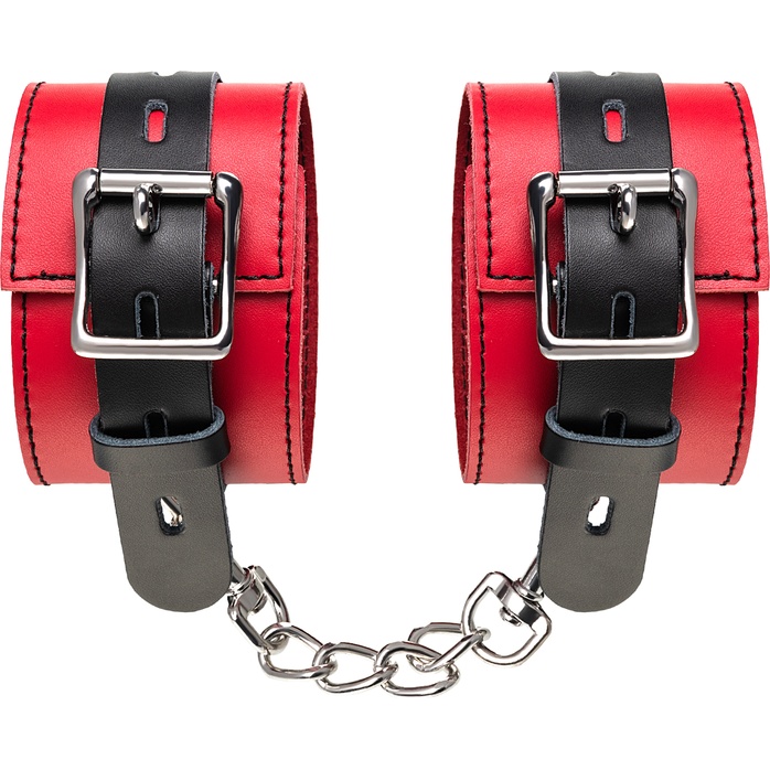 Красно-черные кожаные наручники со сцепкой - Theatre. Фотография 6.