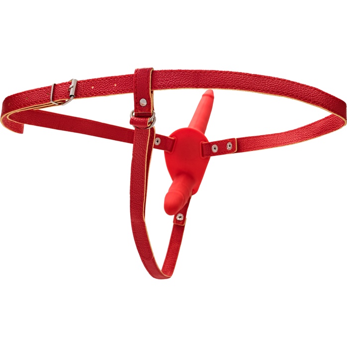 Красный страпон на ремнях с вагинальной пробкой - 15 см - Black Red. Фотография 2.