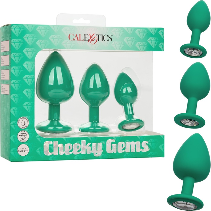 Набор из трёх зеленых анальных пробок с кристаллом Cheeky Gems - Anal Toys. Фотография 6.