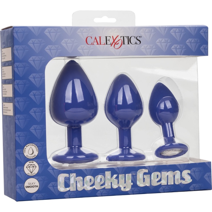 Набор из трёх синих анальных пробок с кристаллом Cheeky Gems - Anal Toys. Фотография 4.