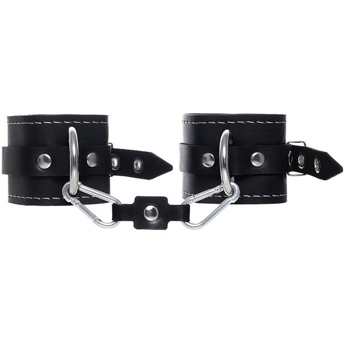 Черные двухслойные наручники с белой строчкой. Фотография 2.