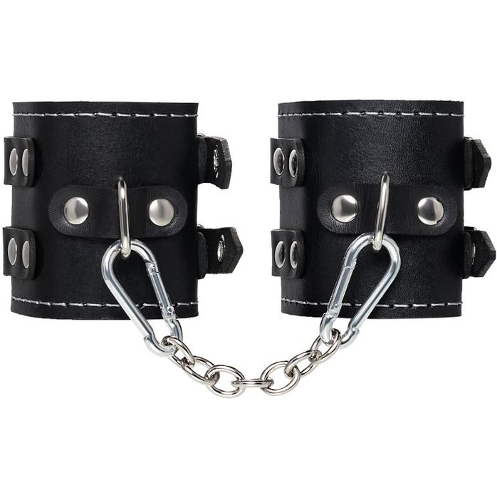 Черные наручники с двумя ремнями и красной подкладкой. Фотография 2.