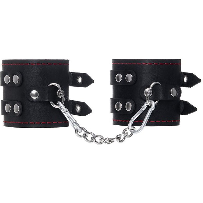 Черные кожаные наручники с двумя ремнями и подкладкой. Фотография 2.