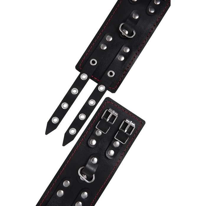 Черные кожаные наручники с двумя ремнями и подкладкой. Фотография 6.