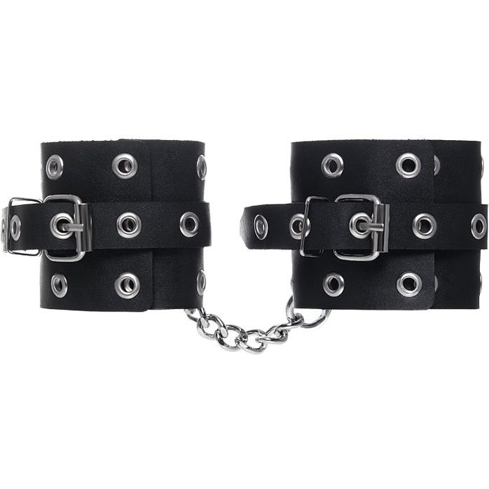 Черные однослойные наручники с люверсами. Фотография 3.