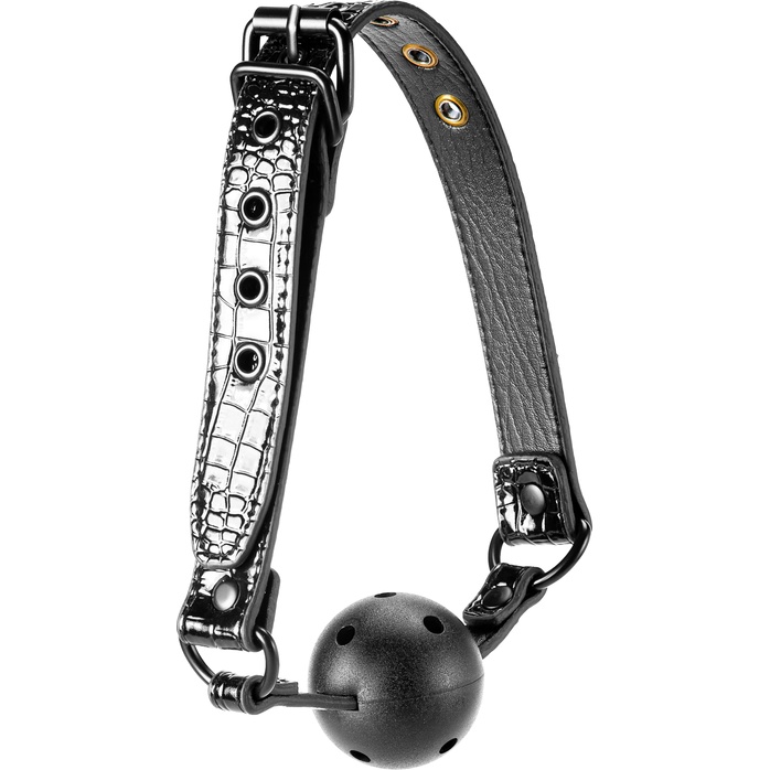 Черный кляп-шар с отверстиями для дыхания на полиуретановых ремешках Croco Ball Gag - Blaze. Фотография 4.