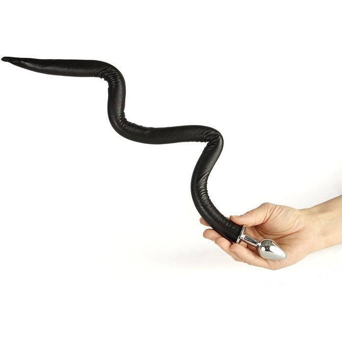 Серебристая анальная пробка с черным кожаным хвостом Dog - BDSM accessories