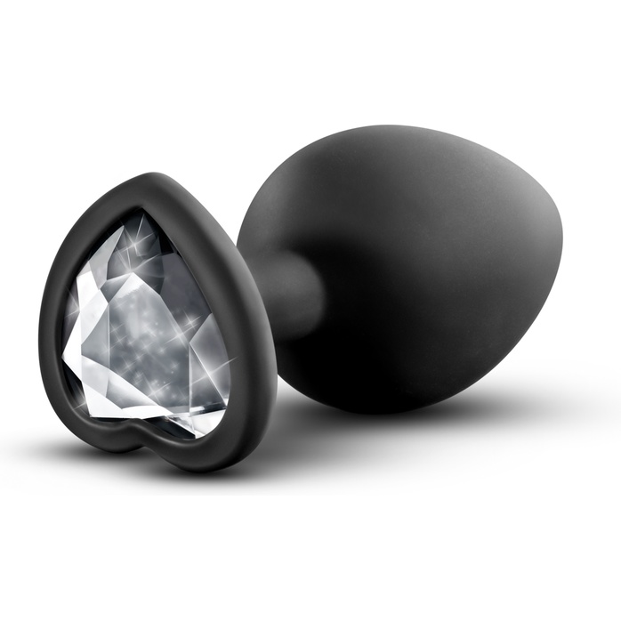 Черная анальная втулка с прозрачным кристаллом в виде сердечка Bling Plug Small - 7,6 см - Temptasia