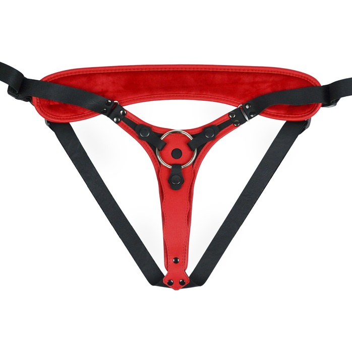 Красно-черный женский пояс с 2 способами крепления насадок и вагинальной пробкой. Фотография 3.
