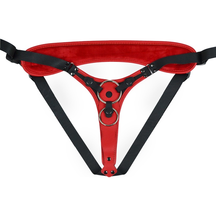 Красно-черный женский пояс с 2 способами крепления насадок и вагинальной пробкой. Фотография 4.