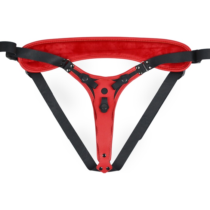 Красно-черный женский пояс с 2 способами крепления насадок и вагинальной пробкой. Фотография 5.