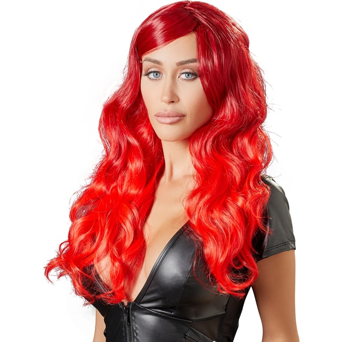 Ярко-красный парик с волнистыми волосами - Cottelli Collection. Фотография 2.