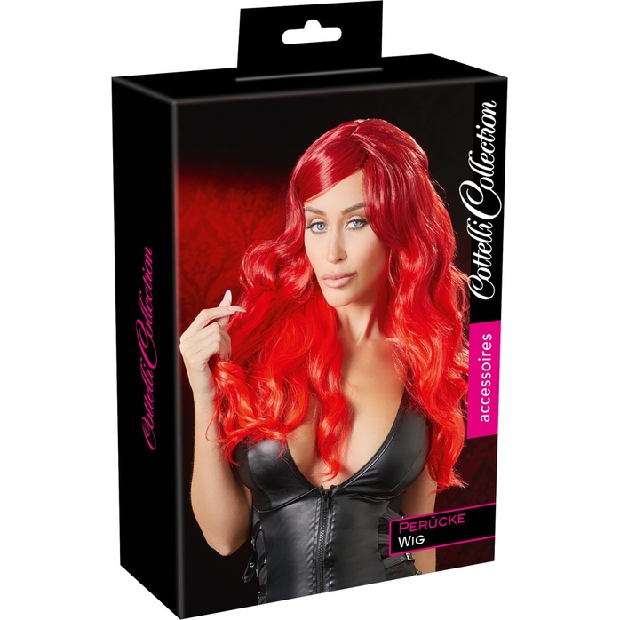 Ярко-красный парик с волнистыми волосами - Cottelli Collection. Фотография 5.