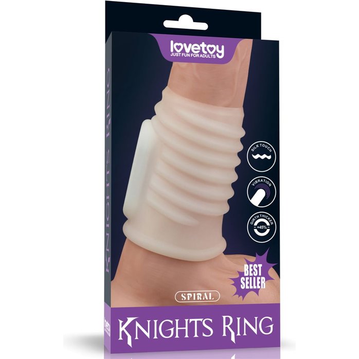 Белая ребристая вибронасадка на пенис Knights Ring. Фотография 2.