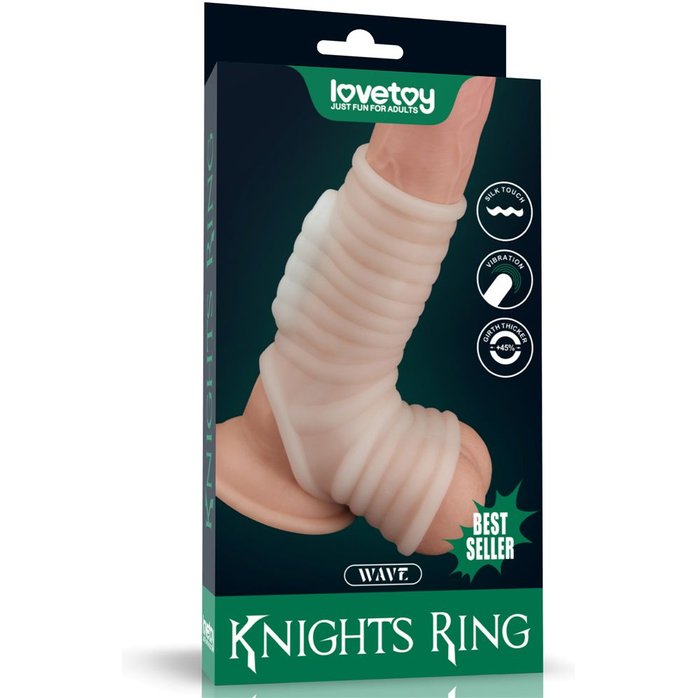 Белая ребристая вибронасадка на пенис Knights Ring с подхватом мошонки. Фотография 4.