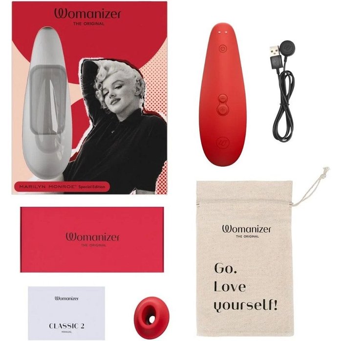 Красный бесконтактный клиторальный стимулятор Womanizer Marilyn Monroe Special Edition. Фотография 3.