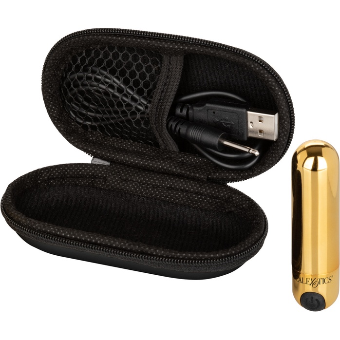 Золотистая вибропуля в чехле для хранения Rechargeable Hideaway Bullet - 7,5 см. Фотография 6.