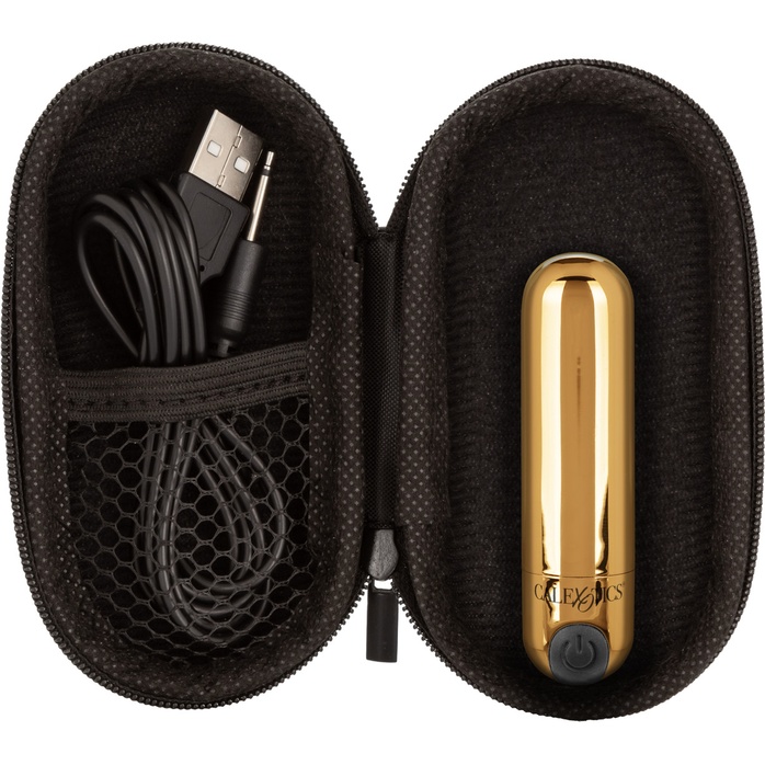 Золотистая вибропуля в чехле для хранения Rechargeable Hideaway Bullet - 7,5 см. Фотография 8.
