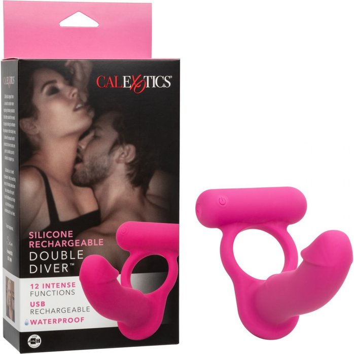 Розовая насадка для двойного проникновения Silicone Rechargeable Double Diver - Couples Enhancers. Фотография 2.