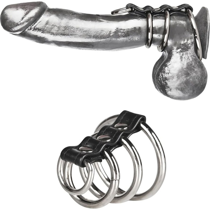 Хомут на пенис из трех металлических колец и кольца для привязи 3 RING GATES OF HELL