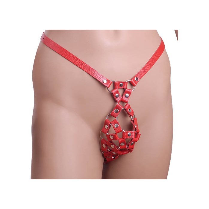 Красные мужские кожаные трусы-стринги с отверстием для фаллоса - BDSM accessories