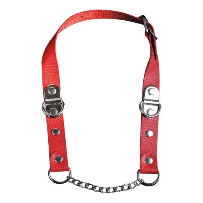 Красный кожаный кляп с цепью - BDSM accessories. Фотография 2.