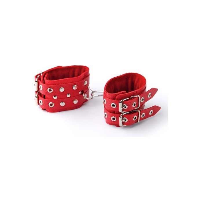 Красные кожаные наручники с ремешками - BDSM accessories