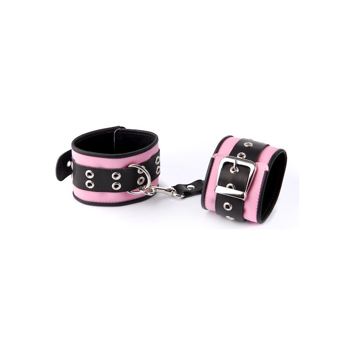 Розово-чёрные наручники с ремешком с двумя карабинами на концах - BDSM accessories
