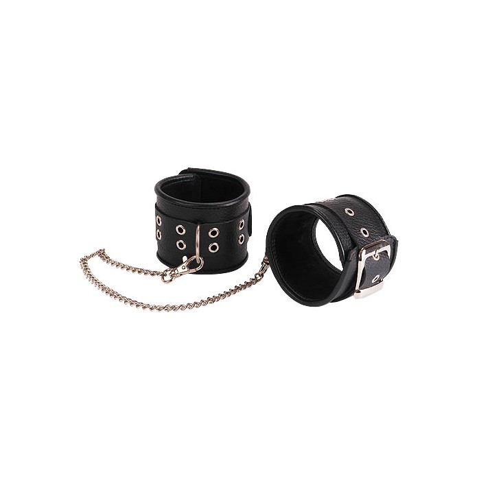 Кожаные черные оковы с широким ремешком, соединенные цепочкой - BDSM accessories