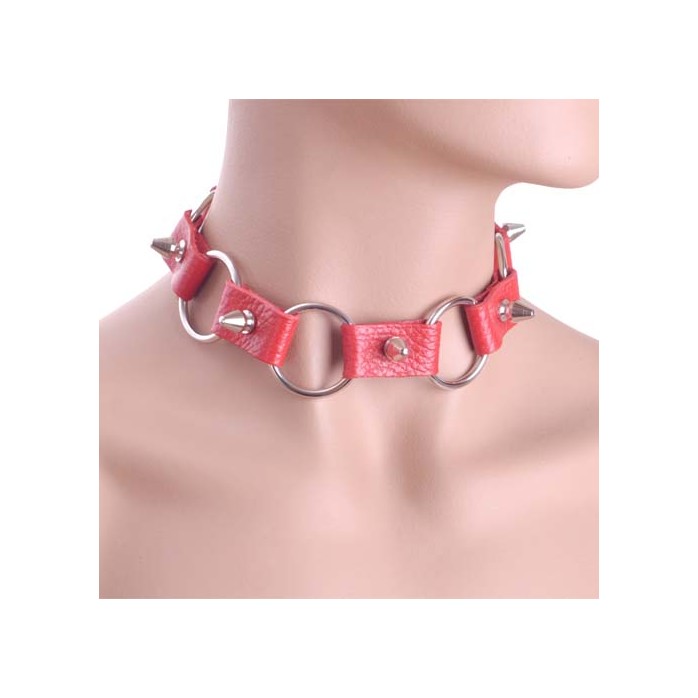 Кожаный красный ошейник с кольцами - BDSM accessories