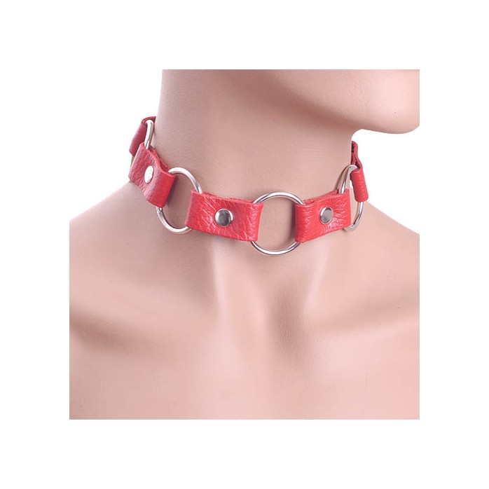 Красный кожаный ошейник с кольцами - BDSM accessories